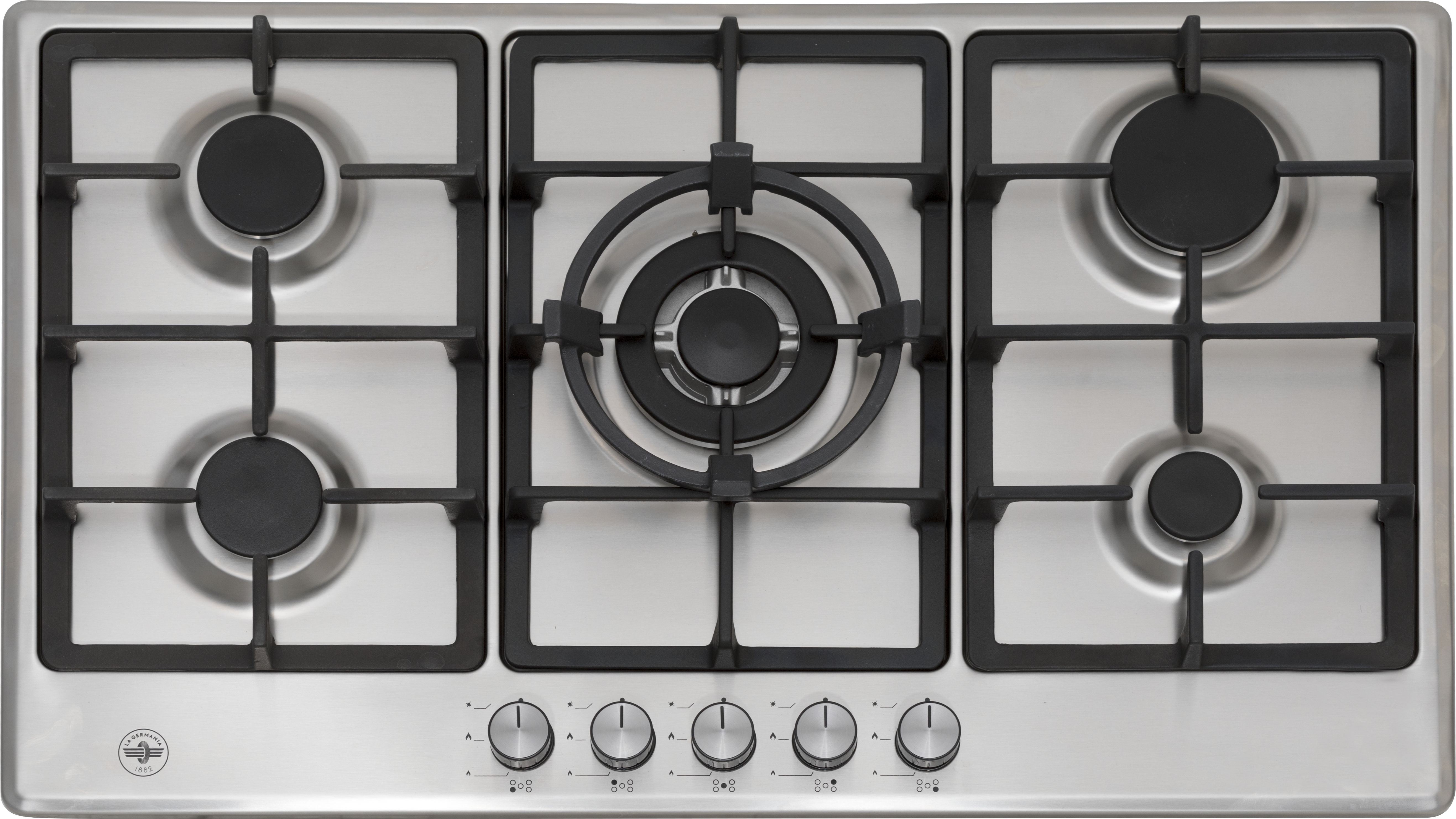 Płyta ze stali nierdzewnej z pięcioma palnikami, czarnymi rusztami i pokrętłami. Logo marki po lewej.