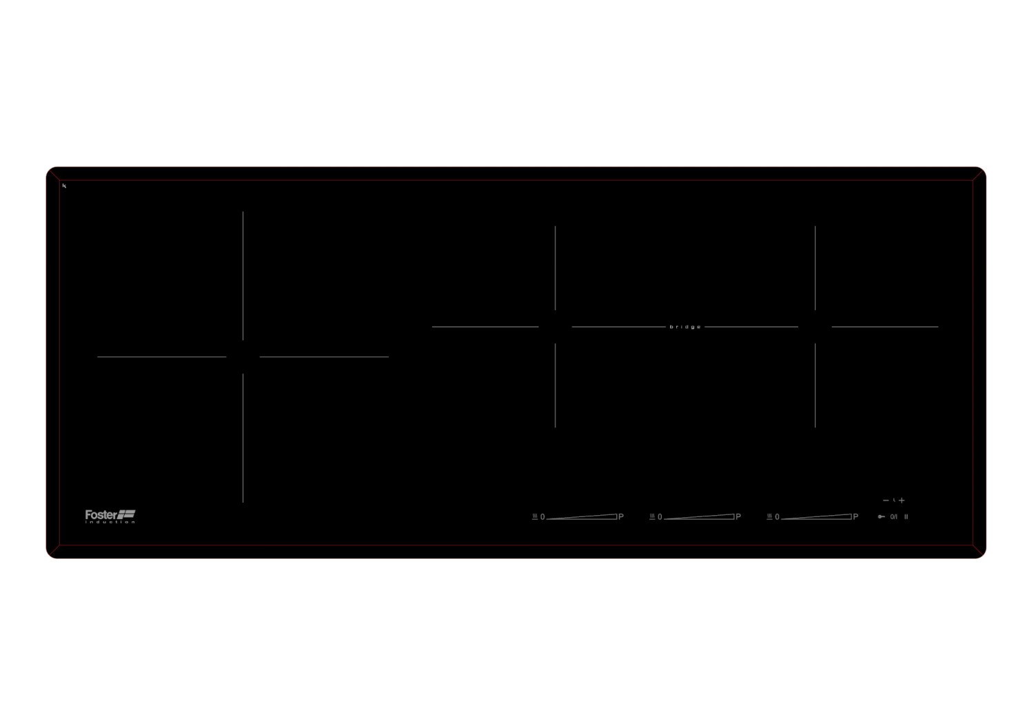 Piano cottura a induzione nero con quattro zone cottura, logo Foster e indicatori di potenza.