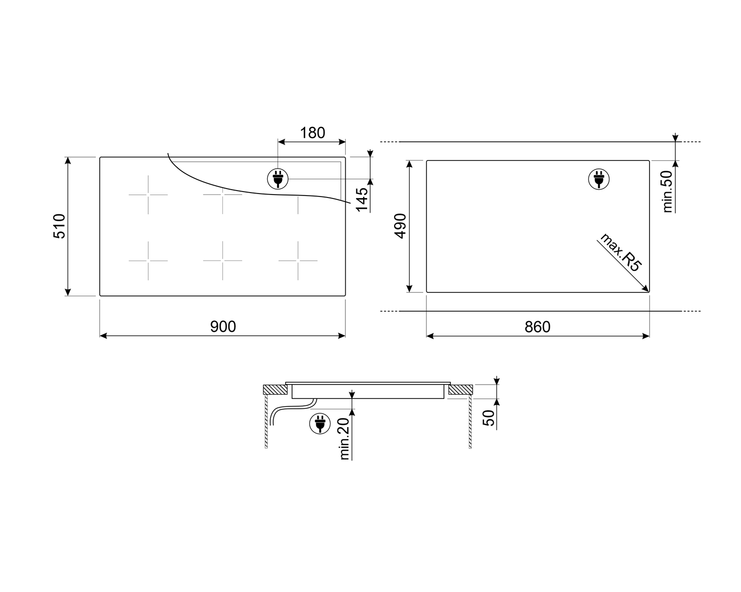 Schema di un piano cottura con dimensioni, che mostra il layout e i dettagli di installazione.