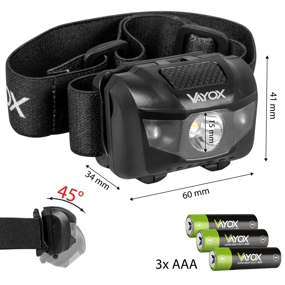 Czarna latarka czołowa z wymiarami, bateriami i paskiem. Tekst: VAYOX i wymiary.