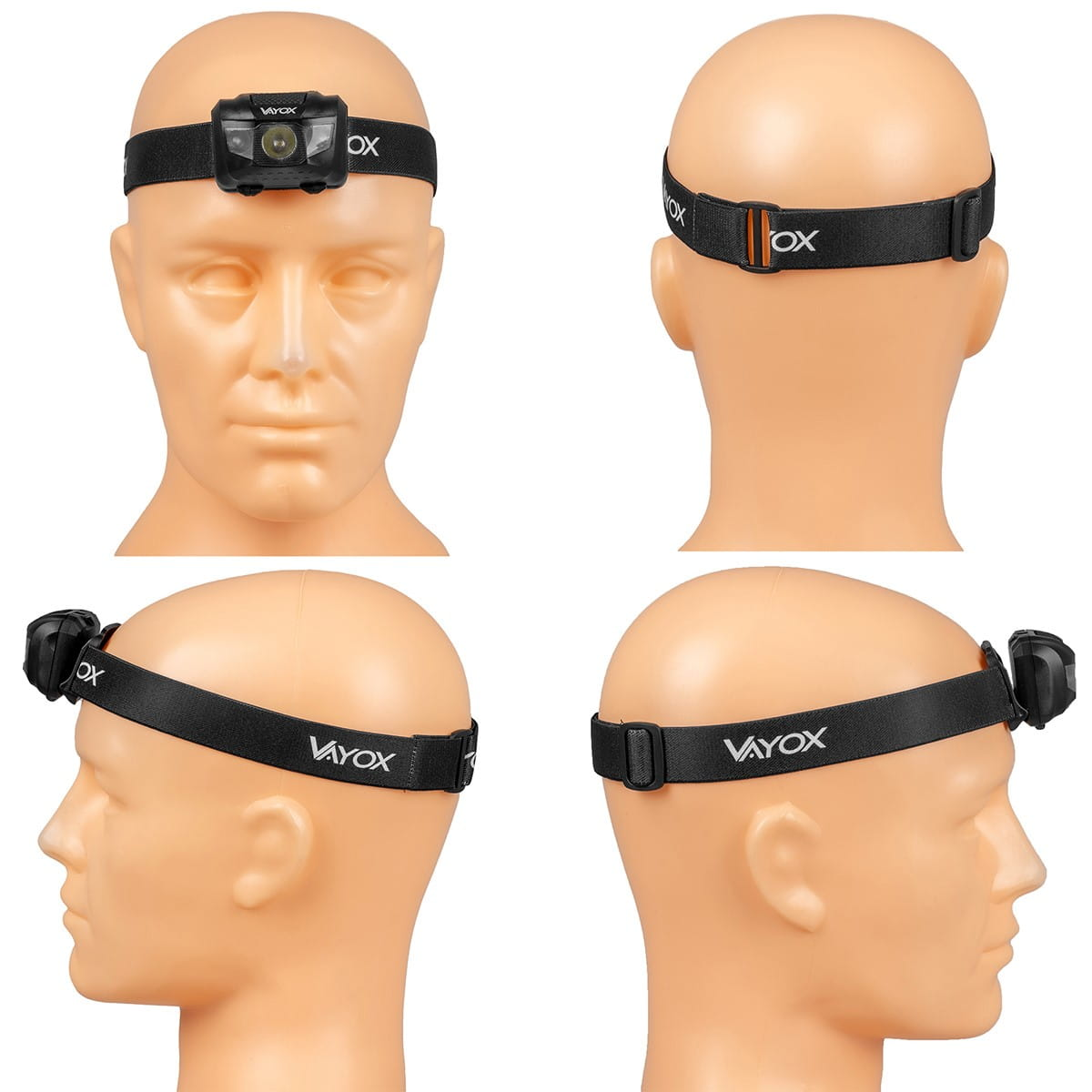 Latarka czołowa na głowie manekina, różne kąty, czarny pasek i logo.