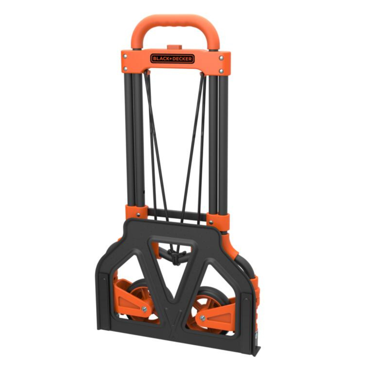 An orange and black folding hand truck, with two orange wheels and the Black & Decker logo.