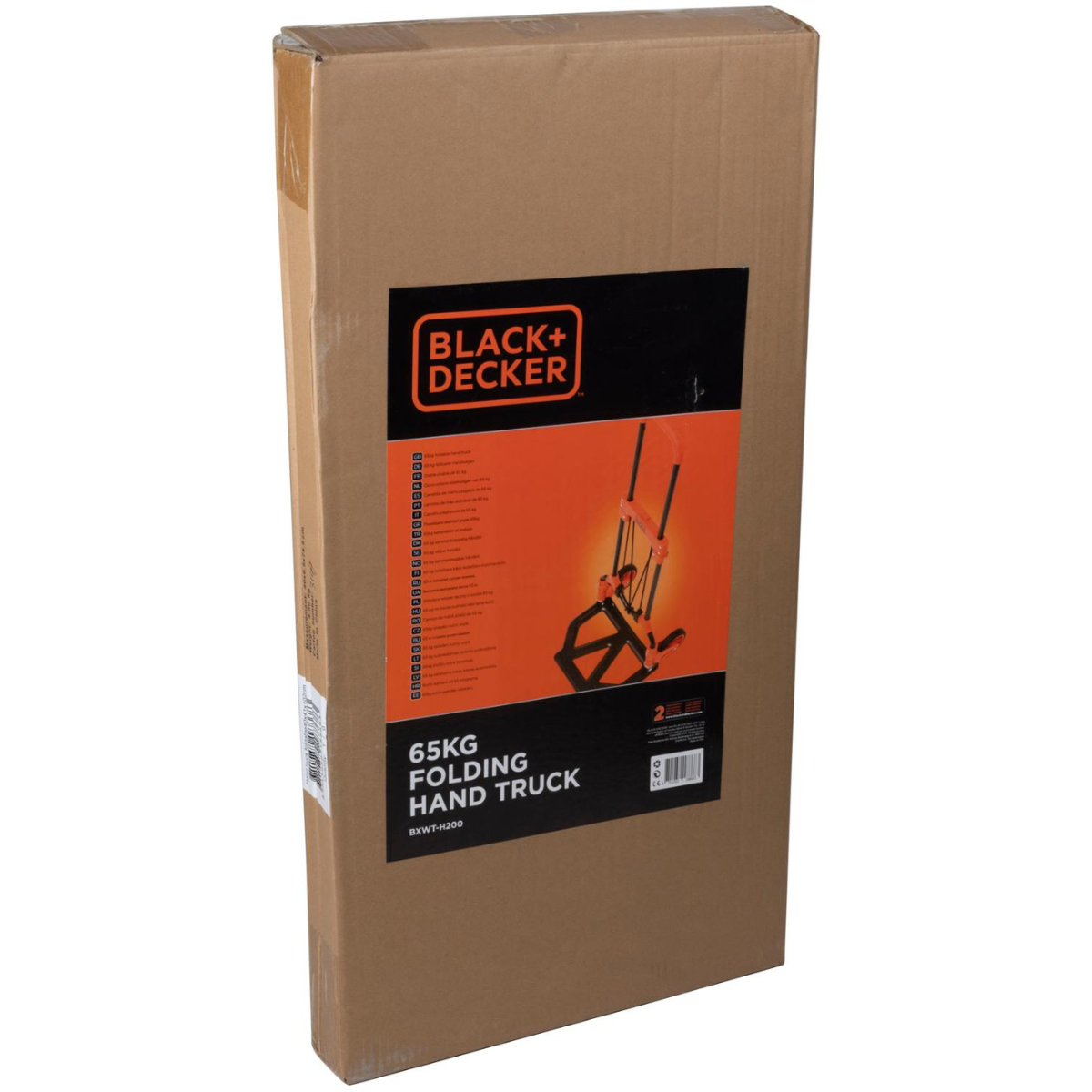 A large cardboard box with a folding hand truck and product details, with the Black+Decker logo.