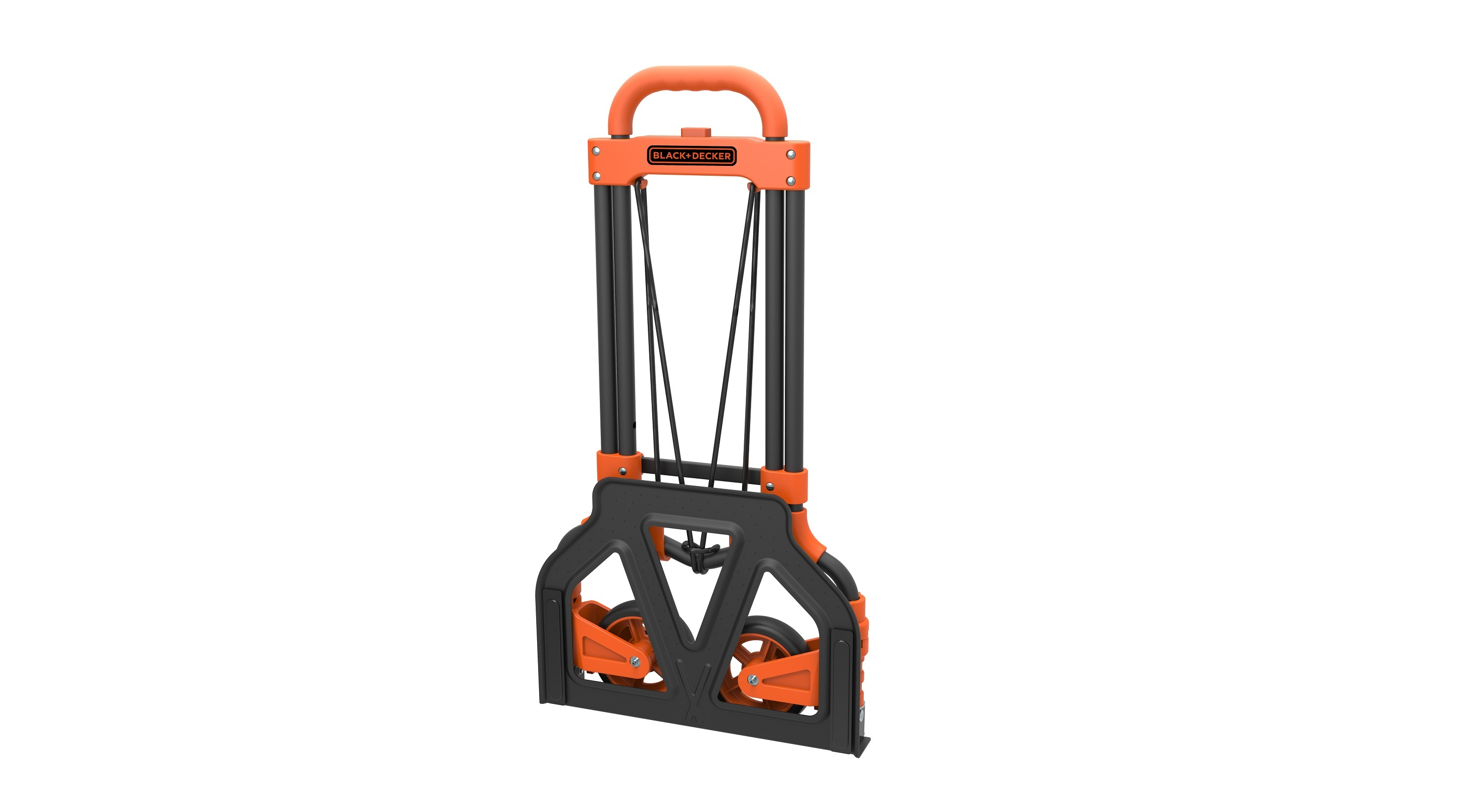 Een oranje en zwarte steekwagen, opgevouwen, met wielen, tegen een witte achtergrond.
