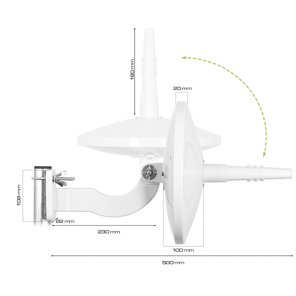 Biała antena z oznaczonymi wymiarami, pokazująca zakrzywione ramię i okrągłą tarczę, ze strzałkami wskazującymi regulację.