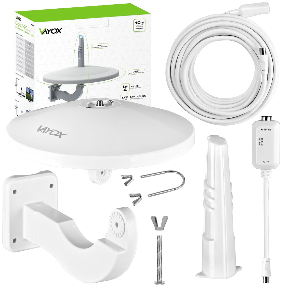 Biały zestaw antenowy z osprzętem montażowym, długim białym kablem i białą anteną.