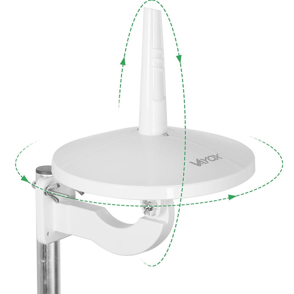 Biała antena pokazująca strzałki regulacyjne. Antena ma okrągłą tarczę i zakrzywione ramię, zamontowane na słupie.