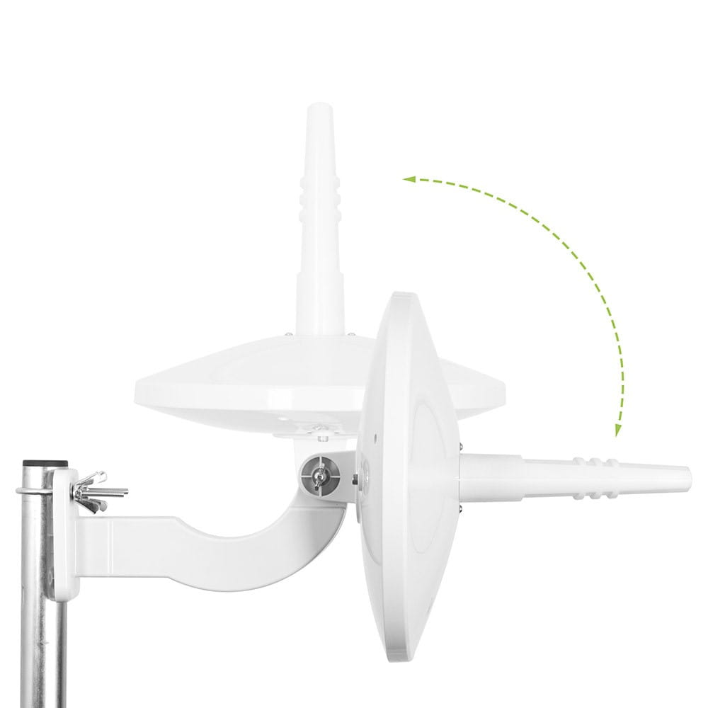 Biała antena pokazująca regulację. Antena ma okrągłą tarczę i zakrzywione ramię, zamontowane na słupie.