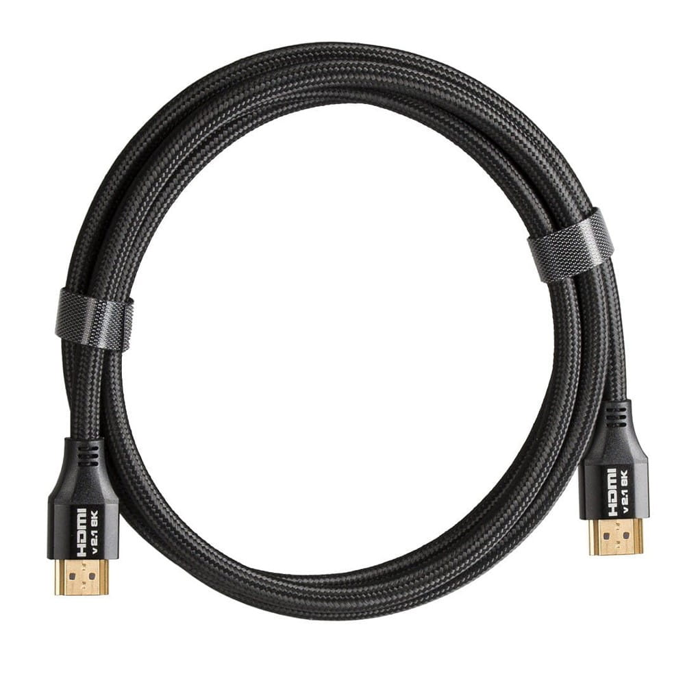 Czarny kabel HDMI zwinięty w okrąg. Widoczna nazwa marki i informacje HDMI.