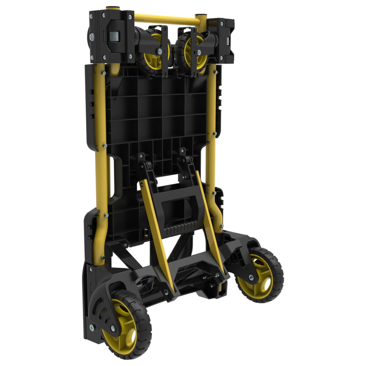 Folded yellow and black hand truck. Wheels at the bottom.