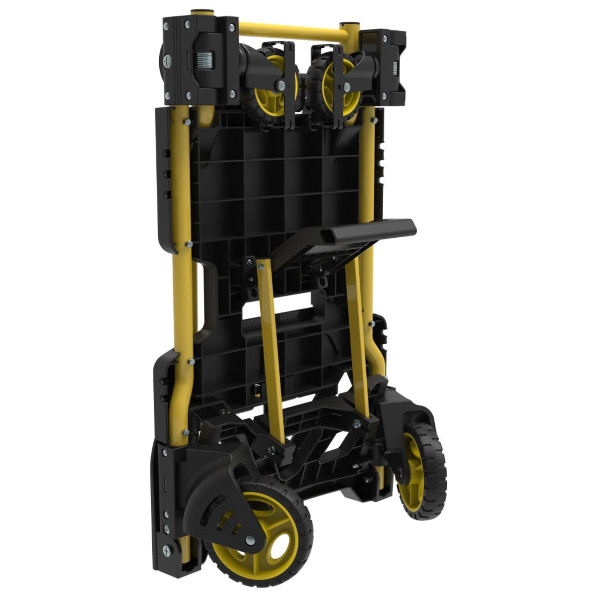A folded black and yellow hand truck with the wheels visible. The Stanley logo is visible.