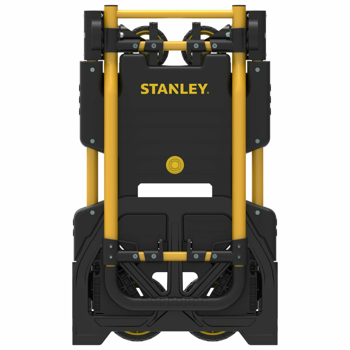 A folded black and yellow hand truck, the Stanley logo is visible on the top.