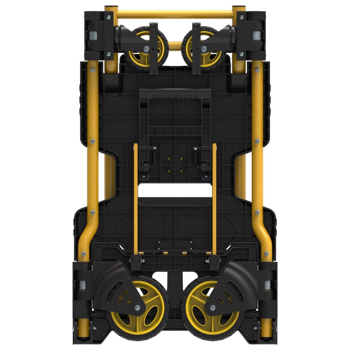 Top-down view of a folded yellow and black hand truck.