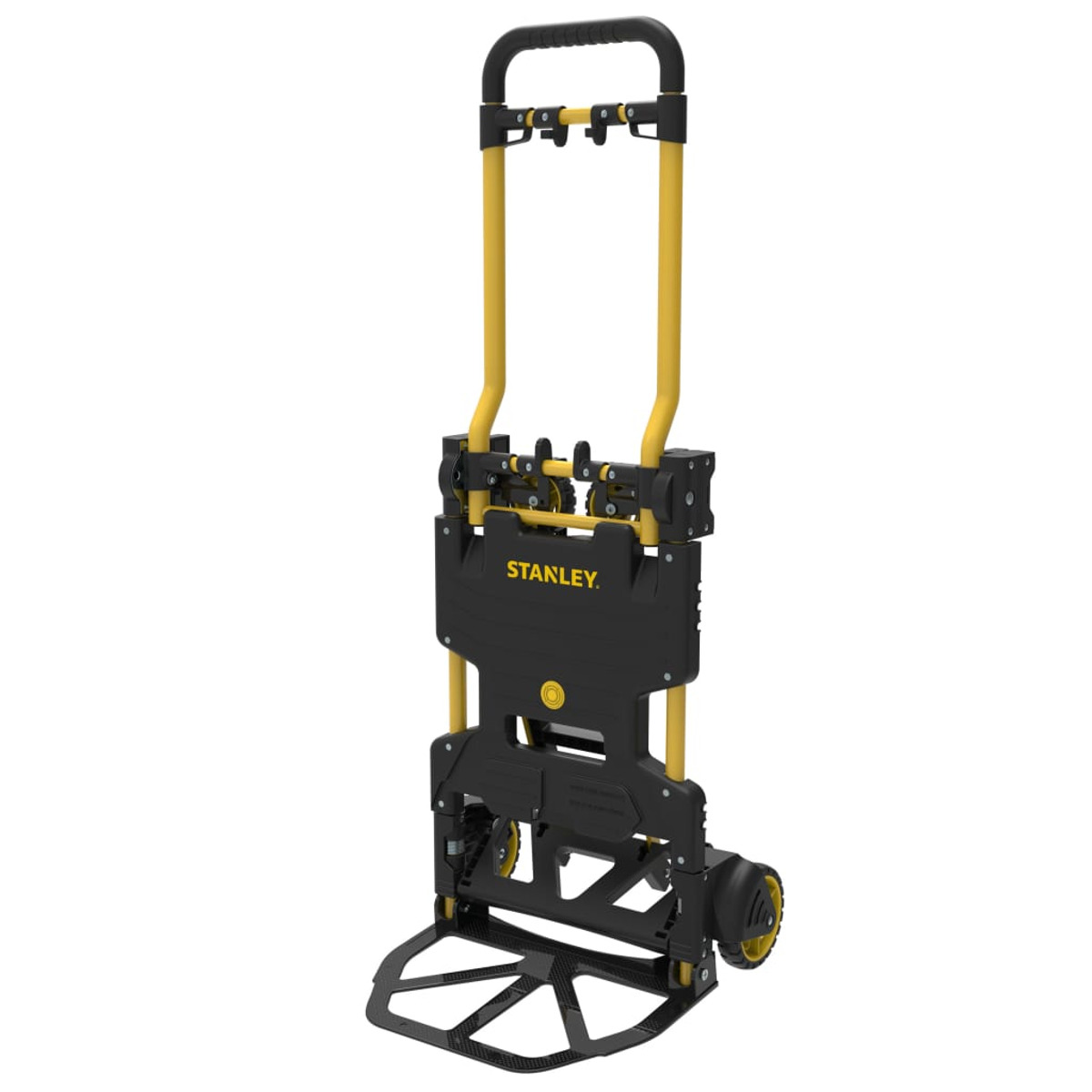 Yellow and black hand truck standing upright with the Stanley logo.