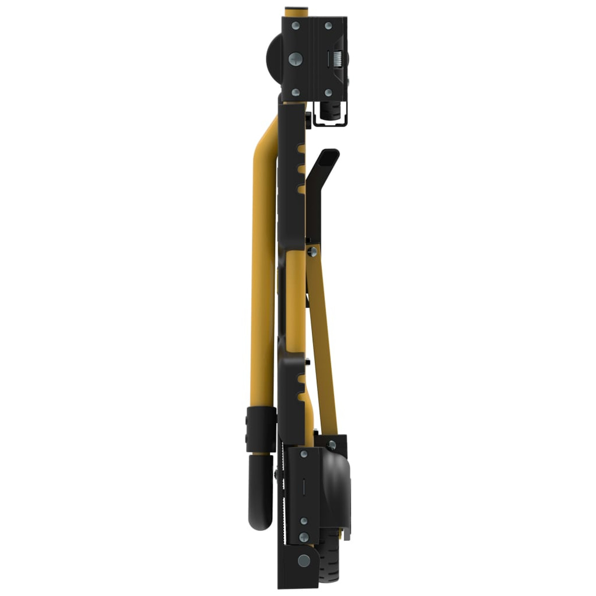 Side view of a folded yellow and black hand truck.