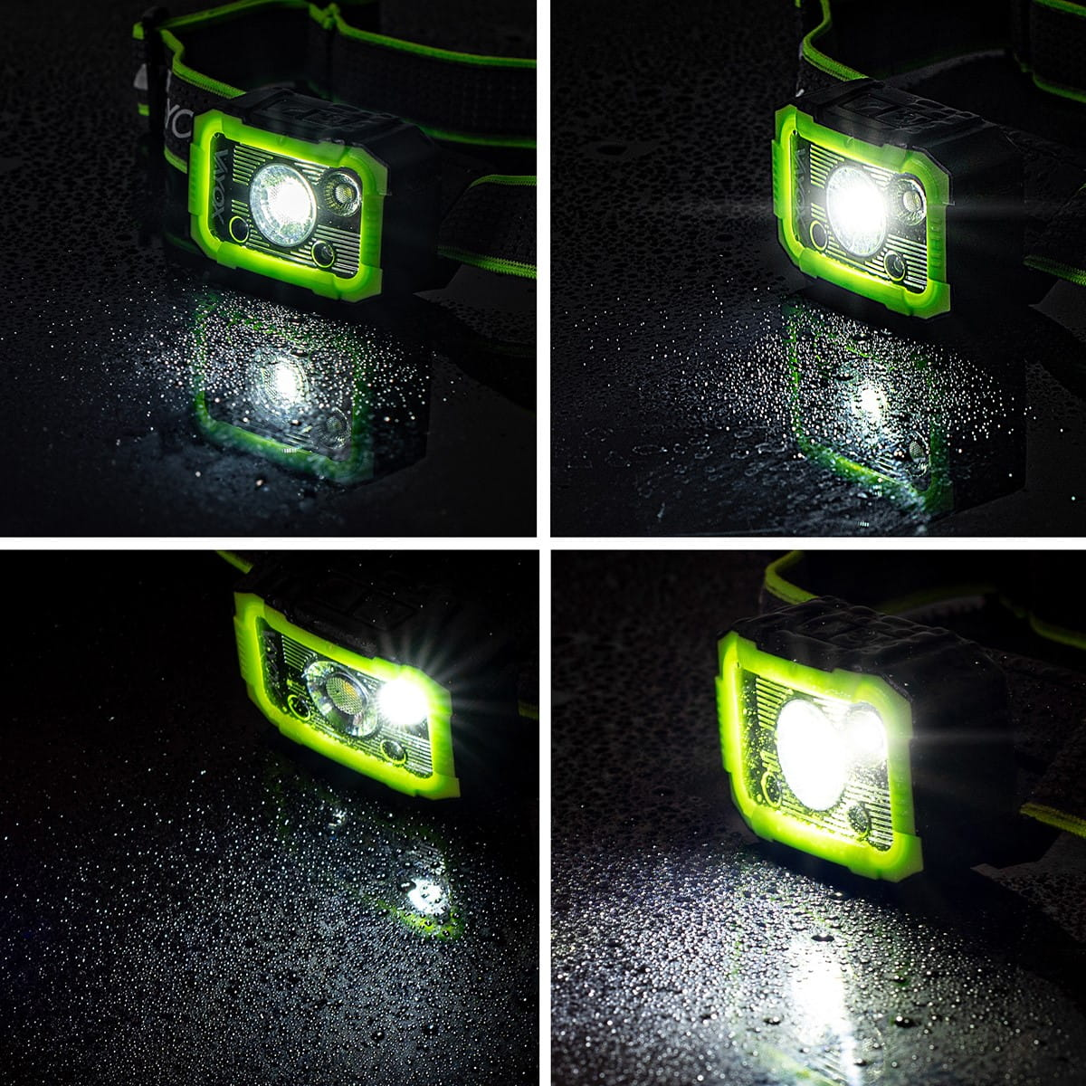 Zbliżenia reflektora czołowego pokazujące jasne, skupione wiązki światła w mokrych warunkach.