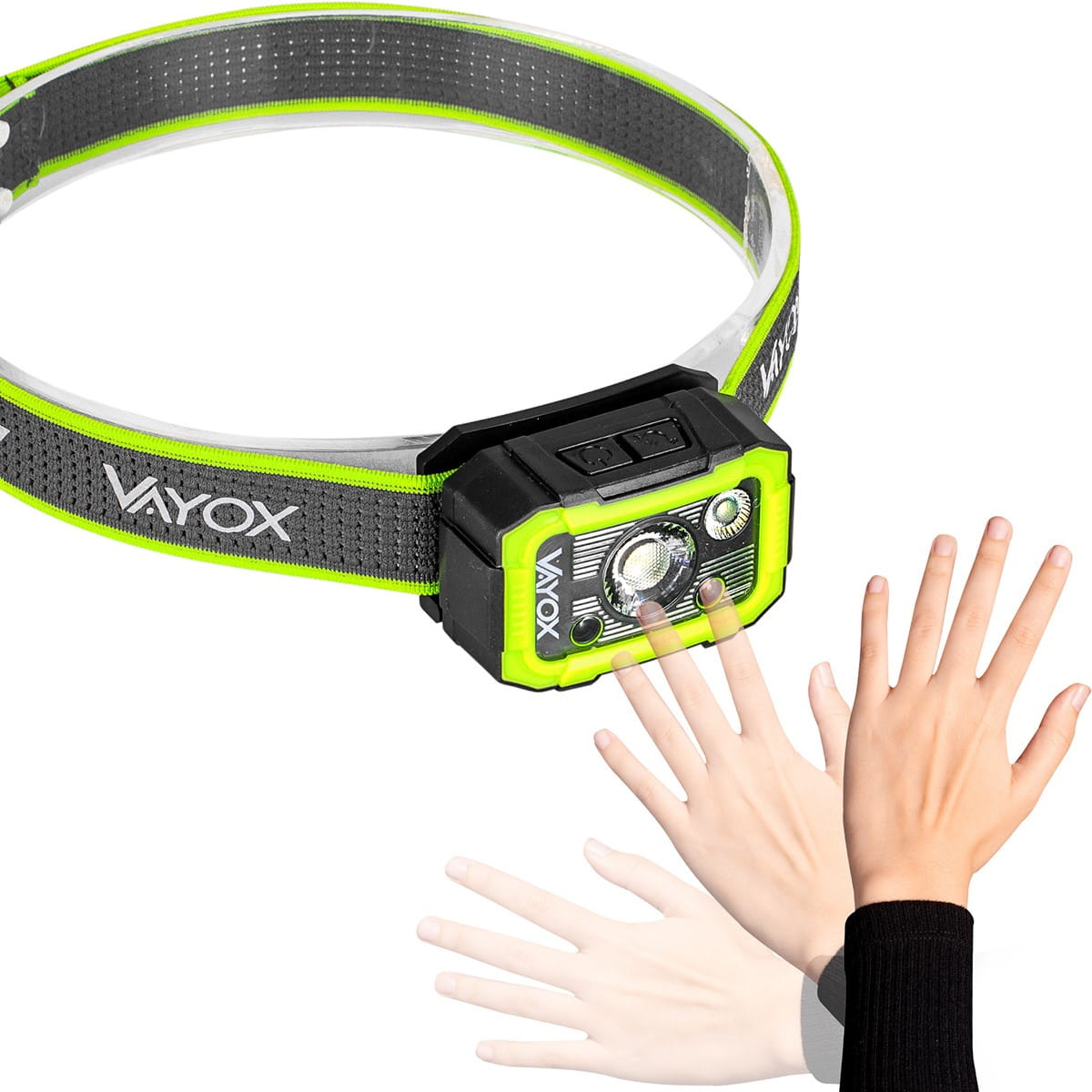 Latarka czołowa z dłońmi w pobliżu światła. Neonowe zielone akcenty na pasku.