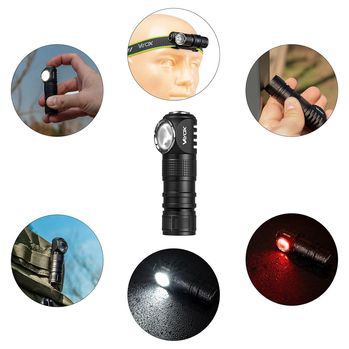 Kolaż czarnej latarki czołowej w różnych ustawieniach: na głowie, trzymanej, zamontowanej i z różnymi kolorami światła.