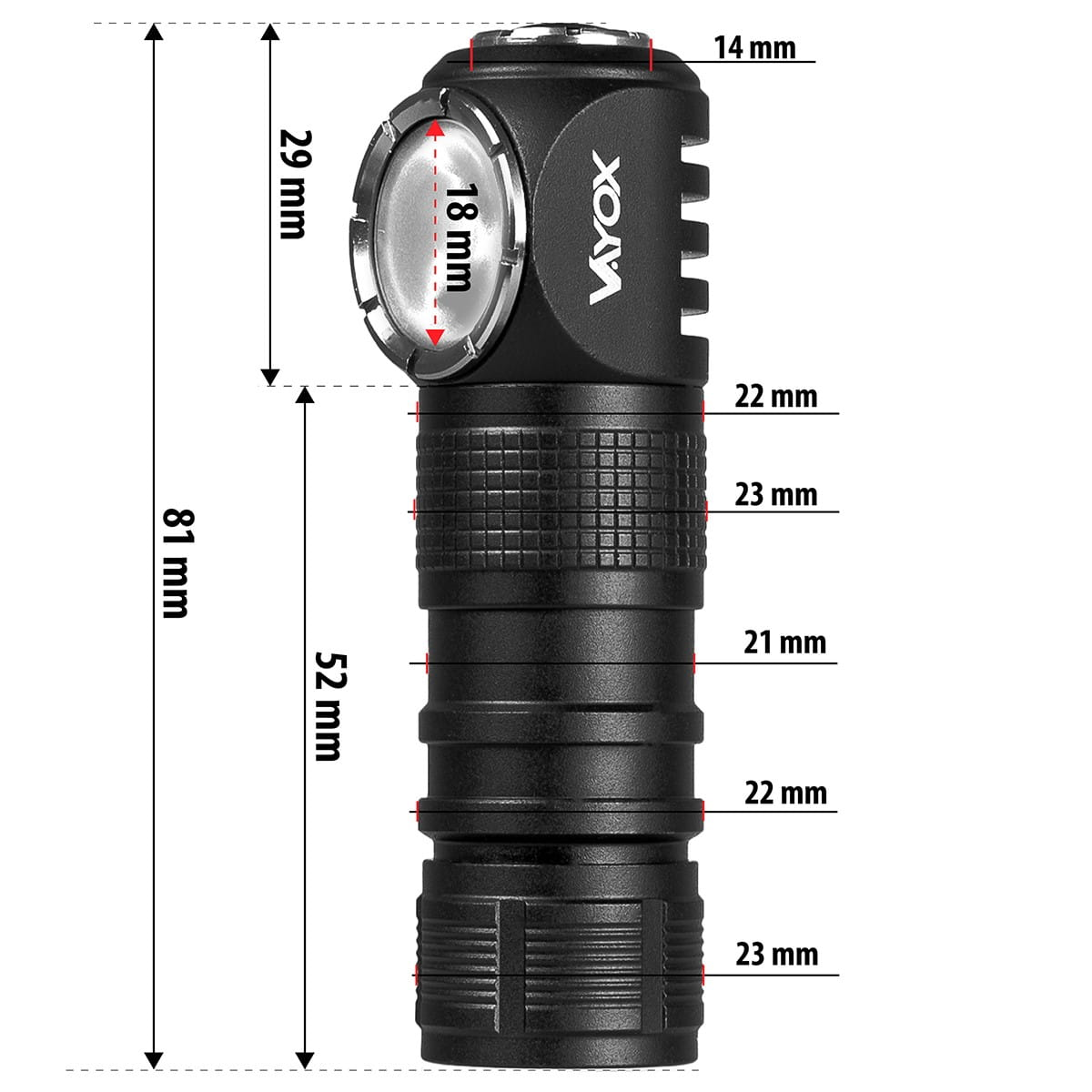 Czarna latarka czołowa z wymiarami. Pomiary obejmują długość, szerokość i średnicę.