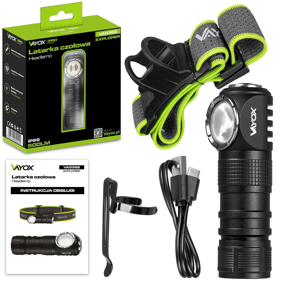 Zestaw latarki czołowej z czarną latarką czołową, opaską na głowę i akcesoriami, na białym tle.