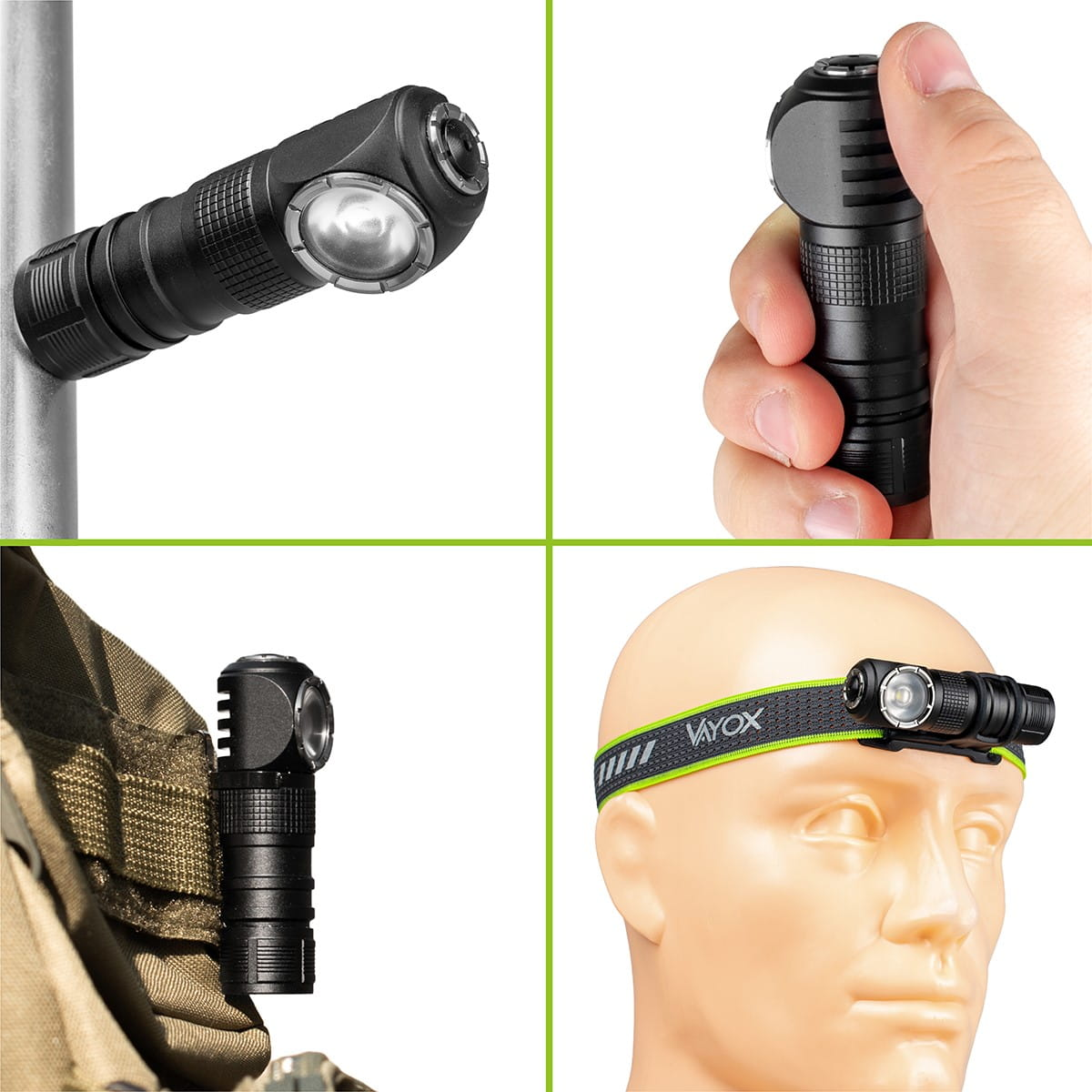 Wiele widoków czarnej latarki czołowej, w tym przykłady użycia oraz zbliżenia światła i paska.