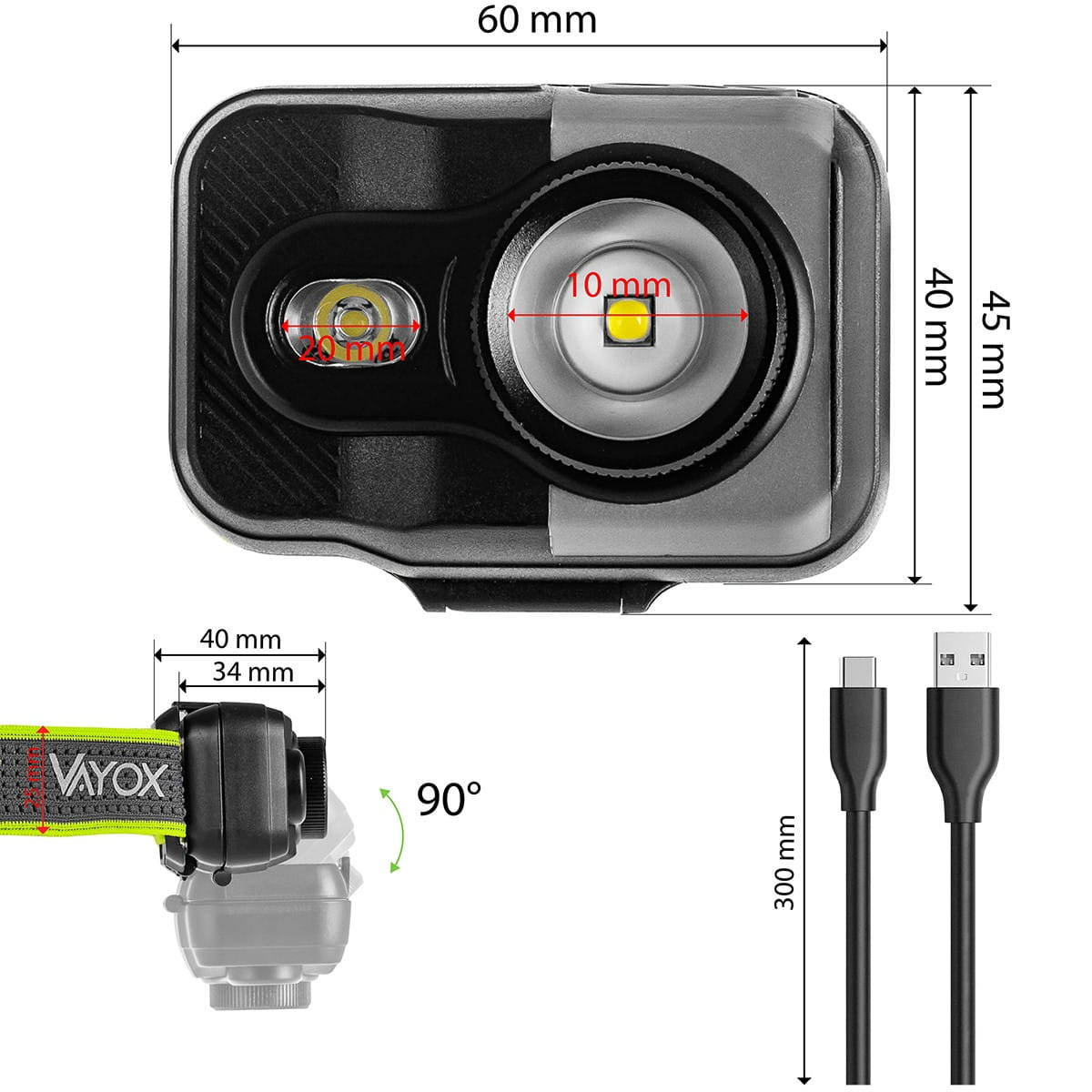Zbliżenie lampy czołowej z wymiarami i kablem USB pod kątem 90 stopni.