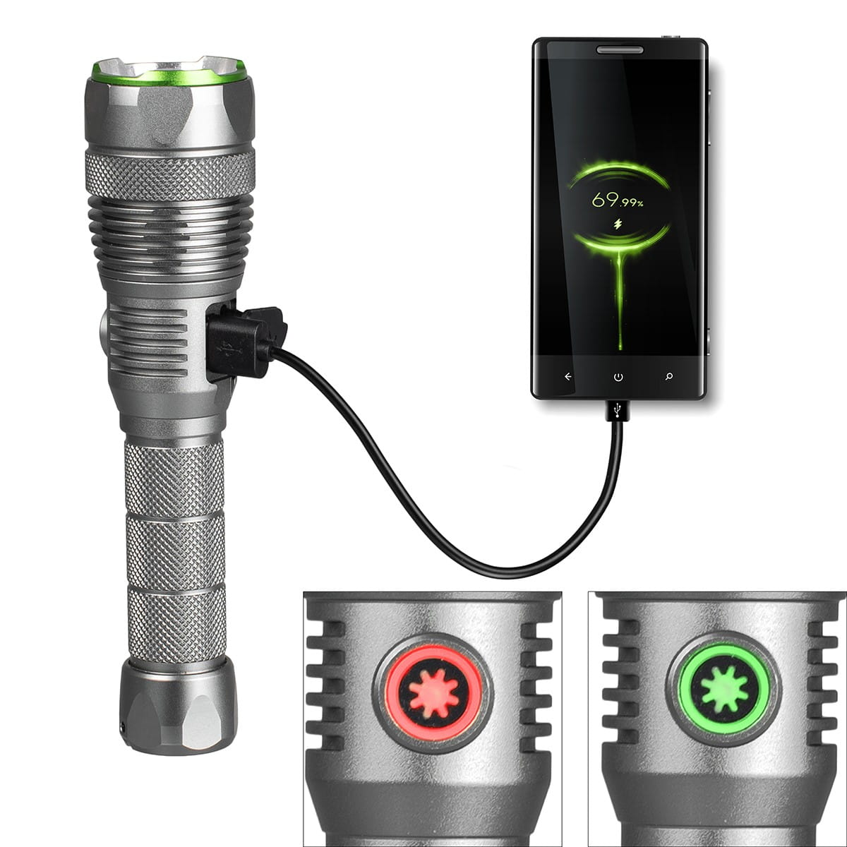 Latarka ładująca się ze smartfona, ze wskaźnikami ładowania.