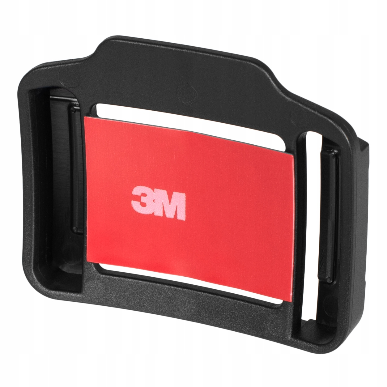 Czarny plastikowy uchwyt z czerwoną łatką samoprzylepną 3M. Uchwyt ma kształt prostokątny.