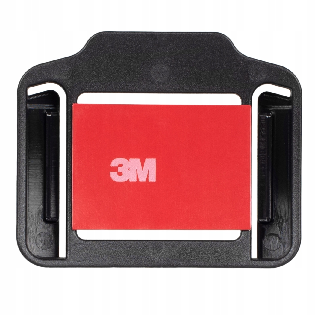 Czarny plastikowy uchwyt z czerwoną łatką samoprzylepną 3M. Uchwyt ma kształt prostokątny.