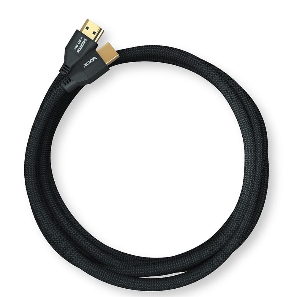 Czarny kabel HDMI zwinięty w okrąg. Kabel ma złącza na obu końcach.