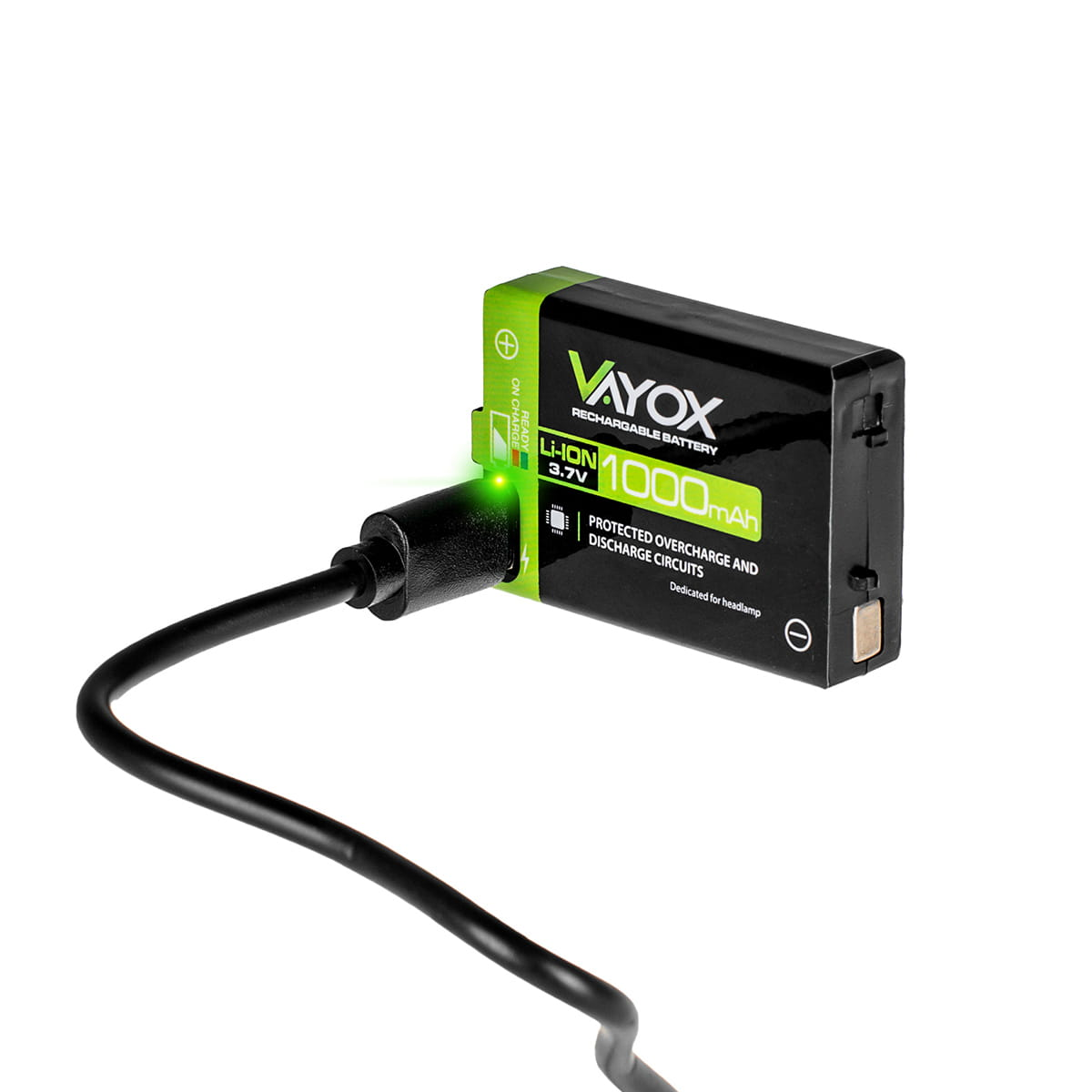 Akumulator czarny z zielonym wskaźnikiem ładowania. Podłączony kabel ładujący.