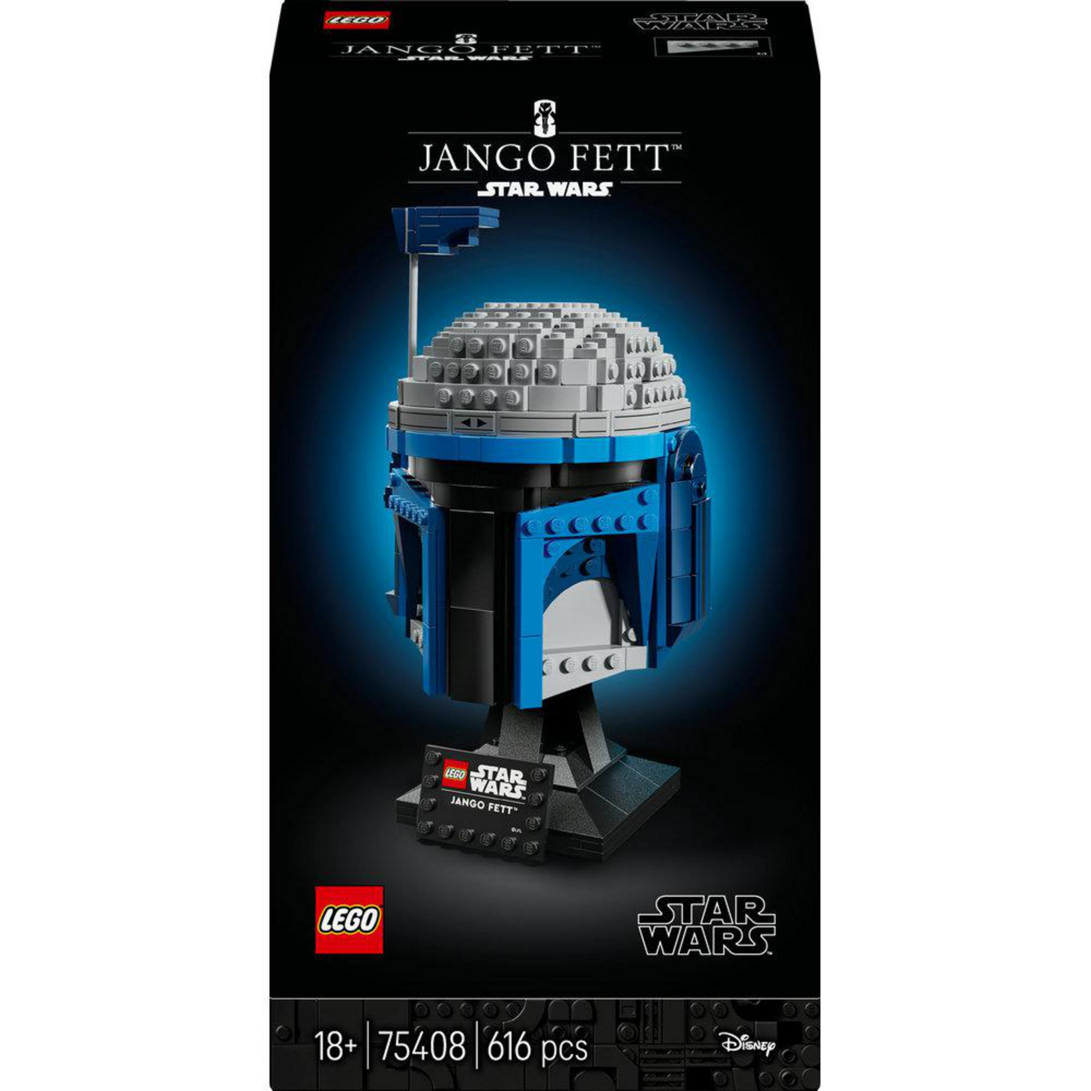 Casco LEGO Star Wars Jango Fett in una scatola con i loghi LEGO e Star Wars.