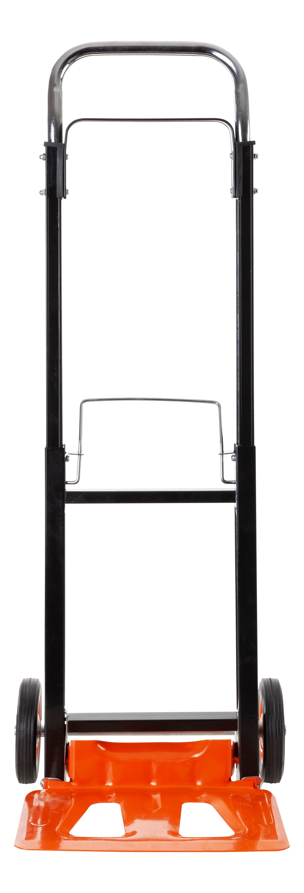 An orange hand truck, front view with a black frame and wheels.