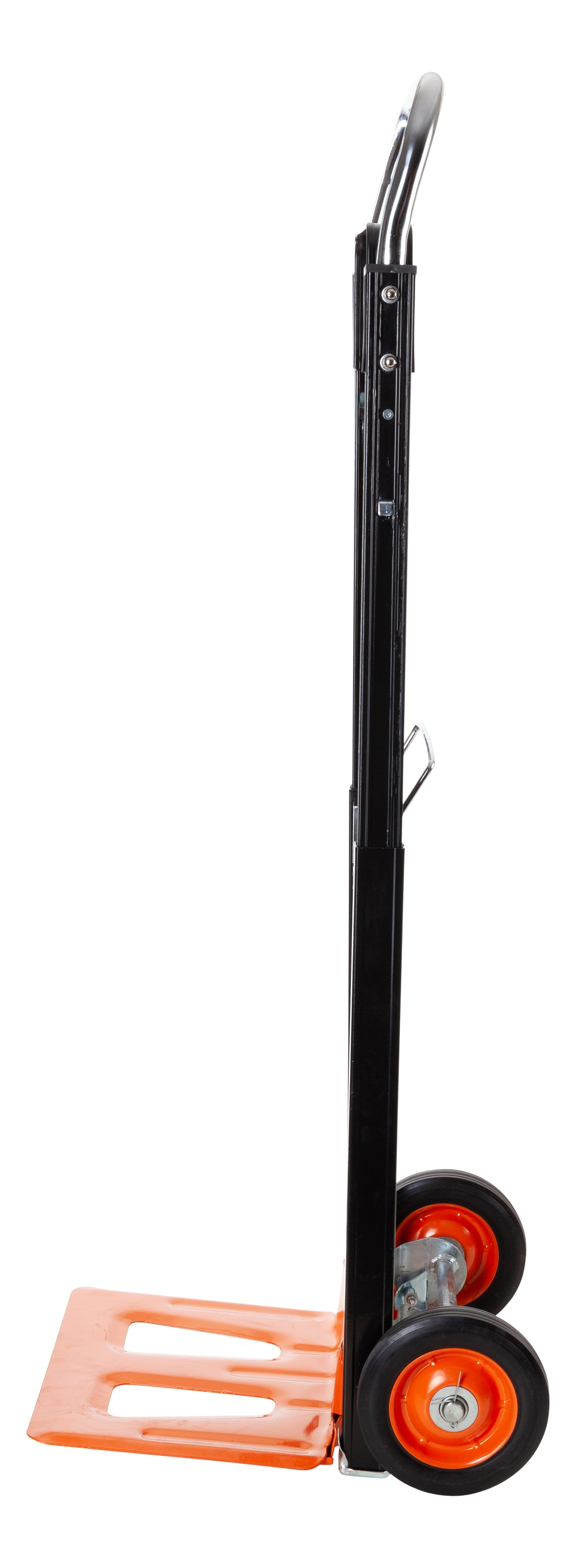 An orange hand truck in a side view, with black frame and wheels.