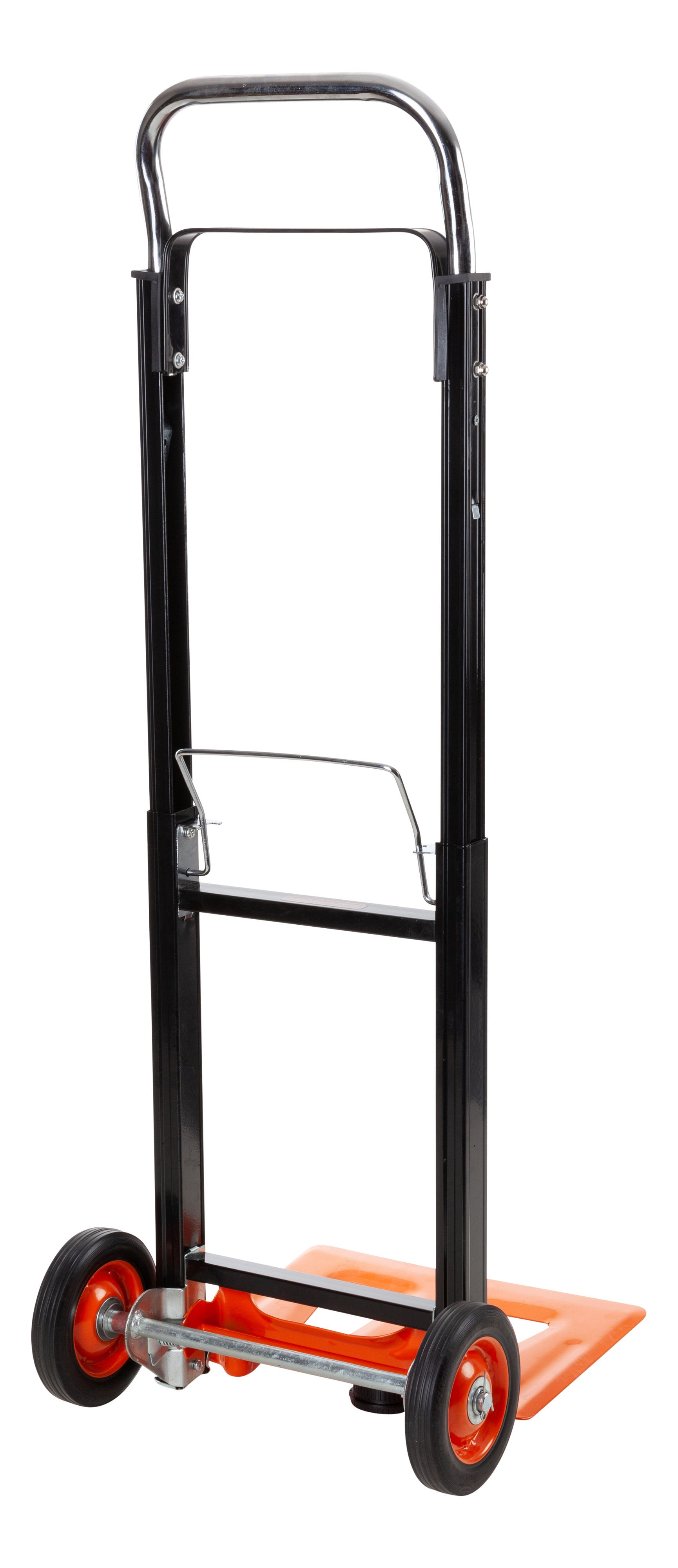 A black and orange hand truck, with two wheels and a vertical metal frame and a loading platform.