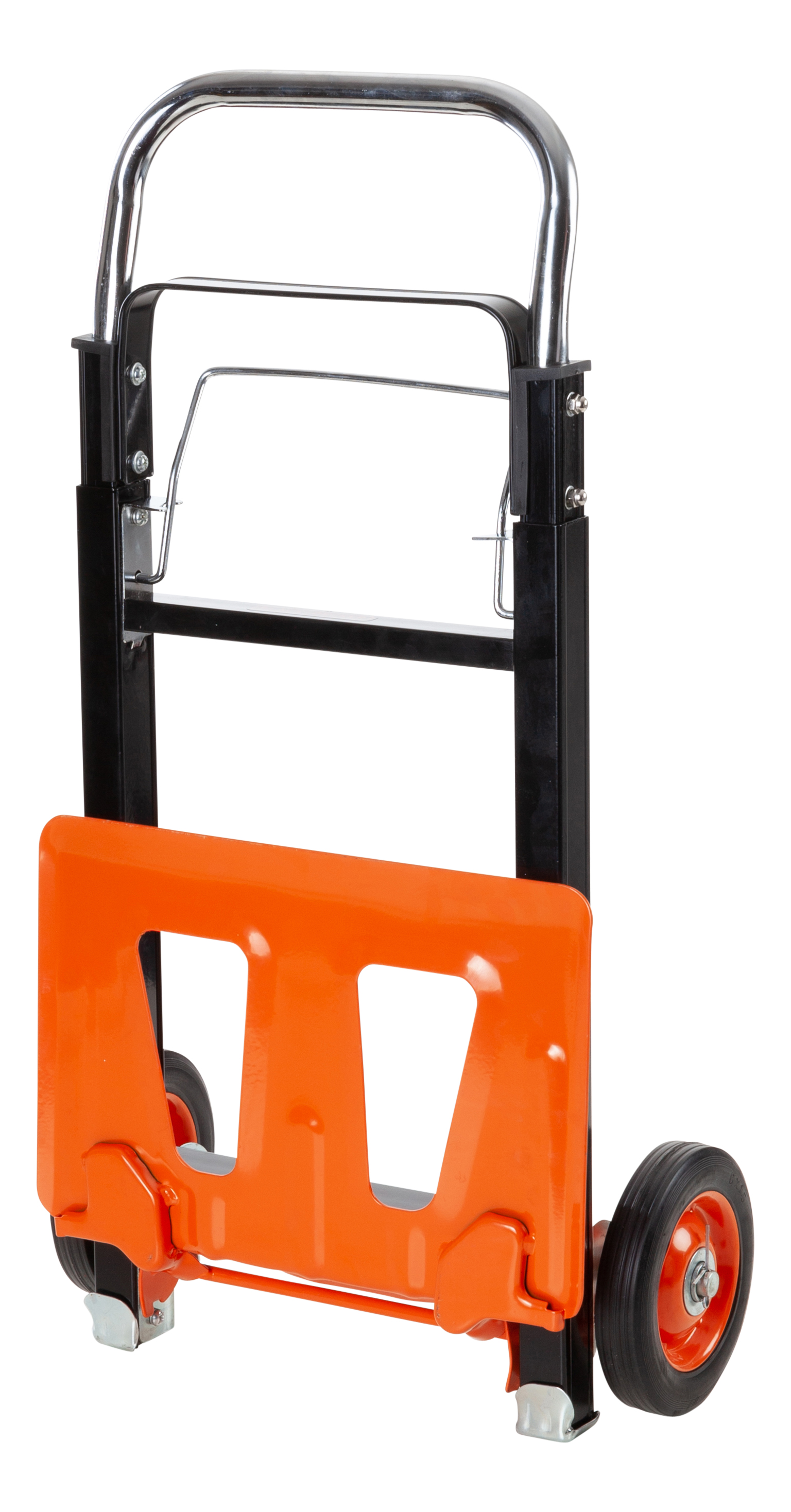 A folding orange hand truck, with black frame and wheels.