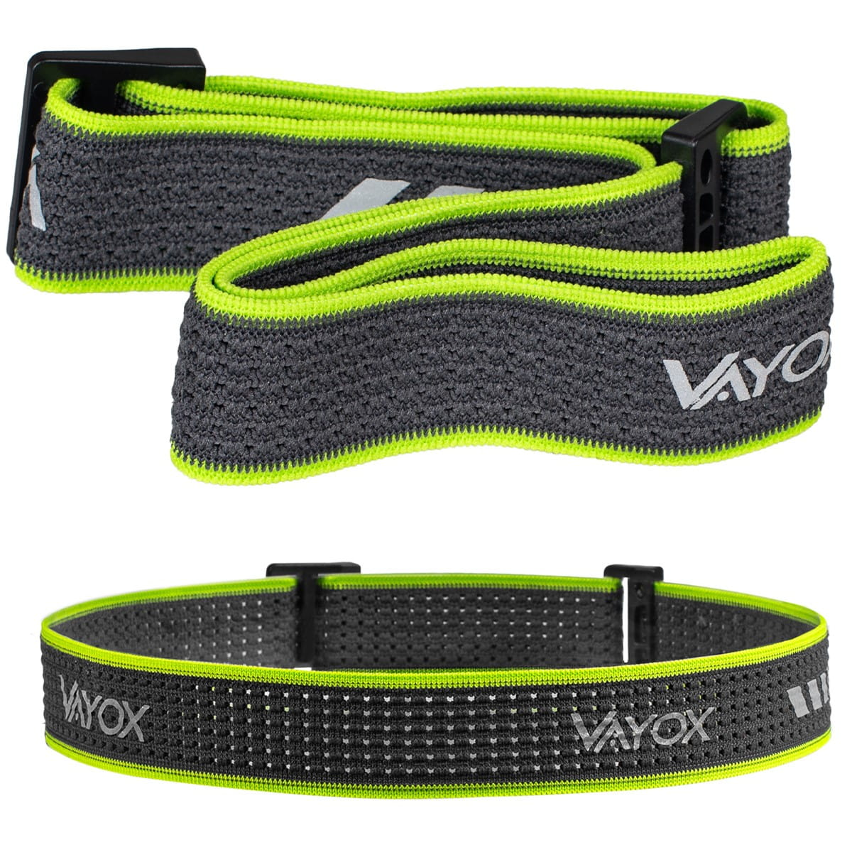 Dwa paski reflektorów i jeden pasek reflektora. Paski są szare i neonowo-zielone.