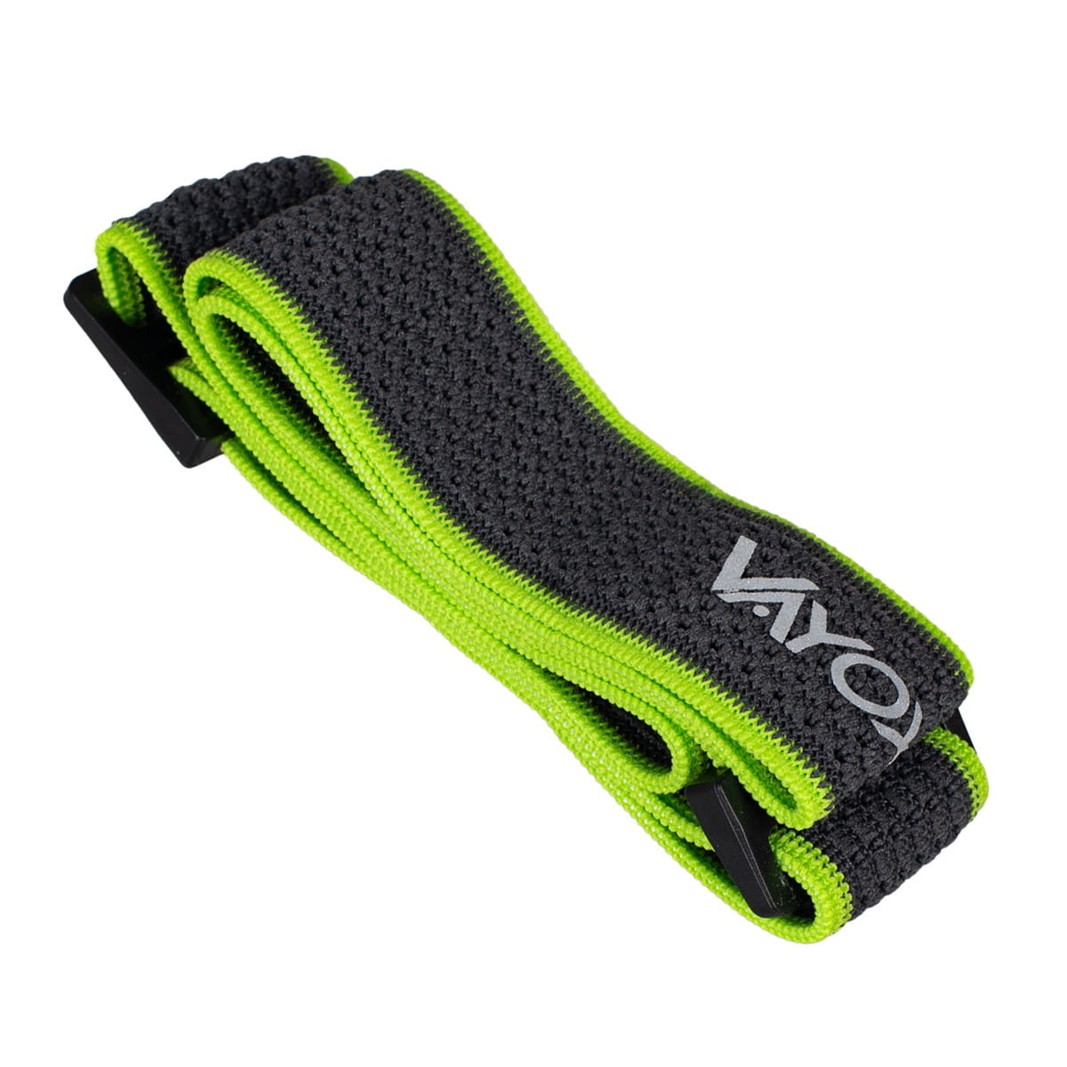 Szary i neonowo-zielony pasek z czarnymi plastikowymi klipsami na każdym końcu. Słowo 'VAYO' jest na pasku.