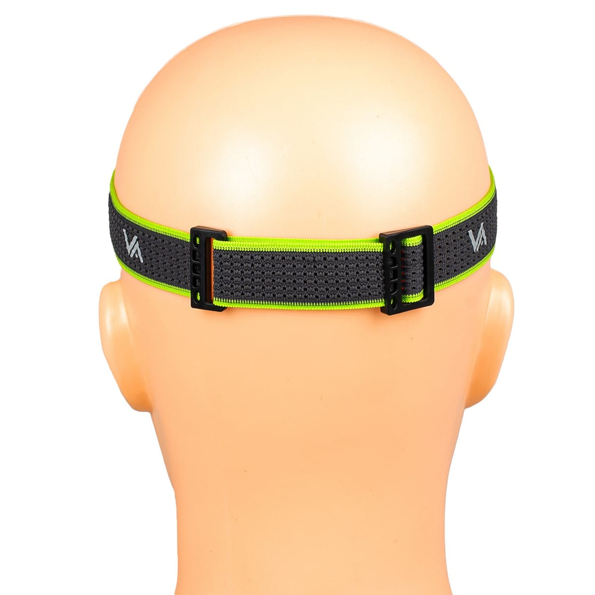 Widok z tyłu głowy manekina z szarym i neonowo-zielonym paskiem czołowym.