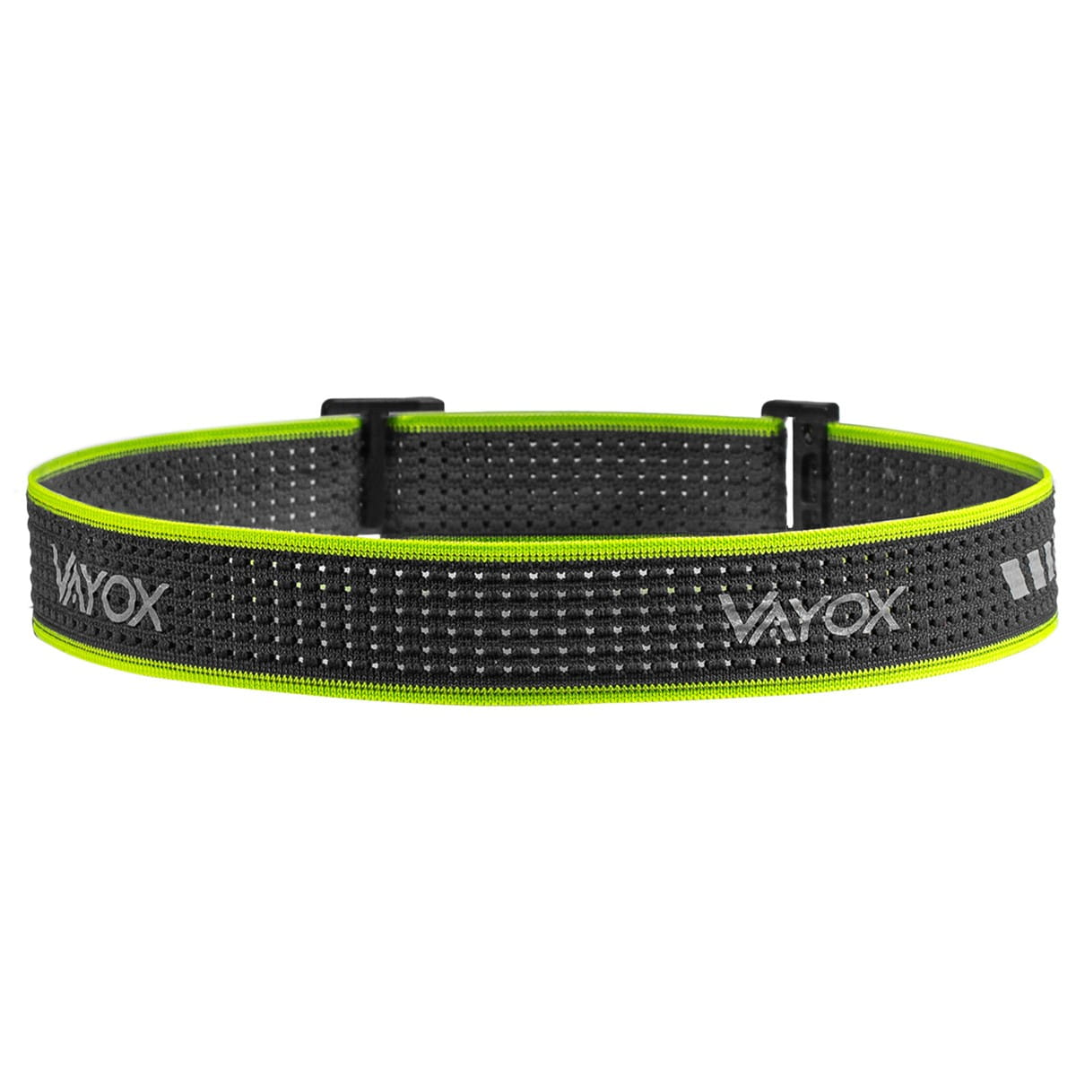 Opaska na głowę z logo VAYOX, czarna z neonowo-zielonymi akcentami, na białym tle.