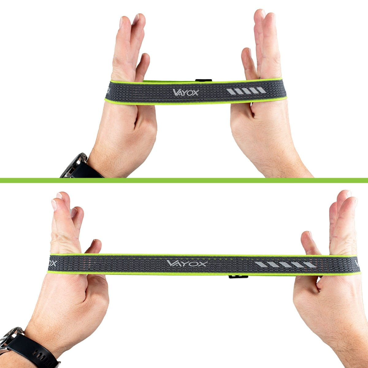 Dwie ręce trzymają szarą i zieloną taśmę oporową. Taśma jest rozciągnięta, widać czarny zegarek.