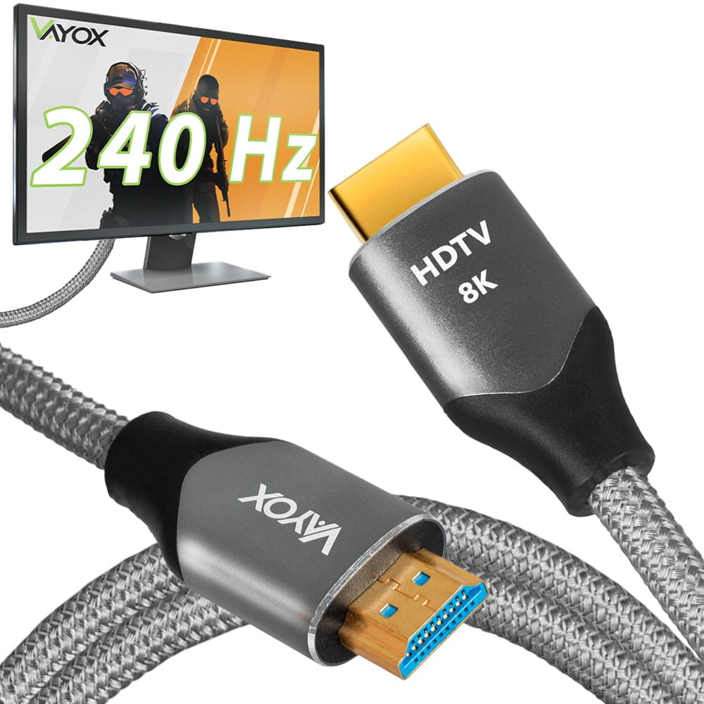 Kabel HDMI podłączony do monitora z dwoma postaciami i tekstem '240 Hz'.