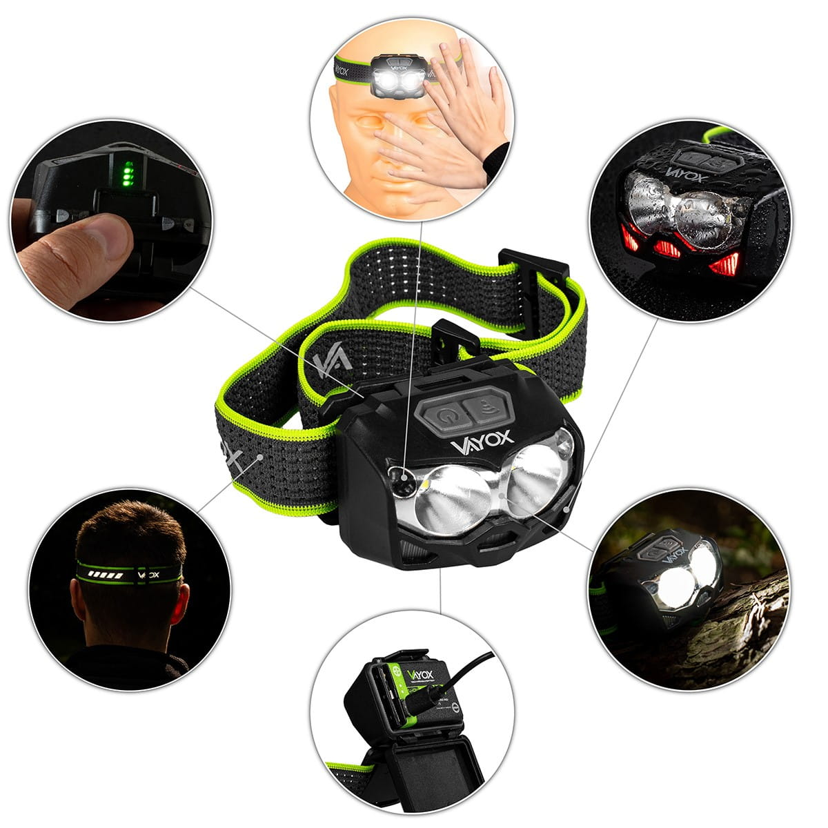 Latarka czołowa z różnymi widokami. Latarka czołowa jest czarna z neonowymi zielonymi akcentami.