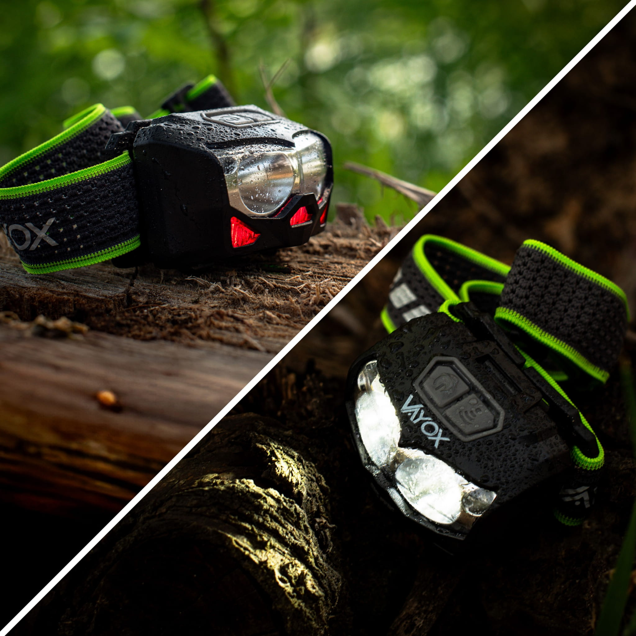 Latarka czołowa na pniu drzewa. Górna połowa pokazuje czerwone światła. Dolna połowa pokazuje białe światła.