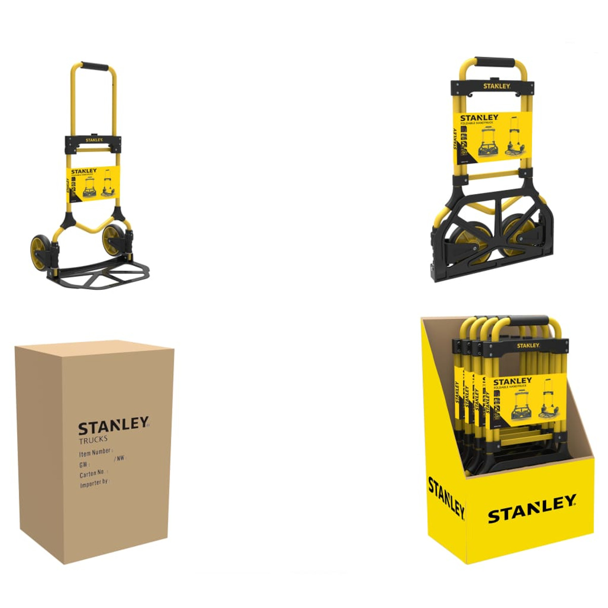 Four images of a yellow and black Stanley hand truck. The truck is folded up and in a display.