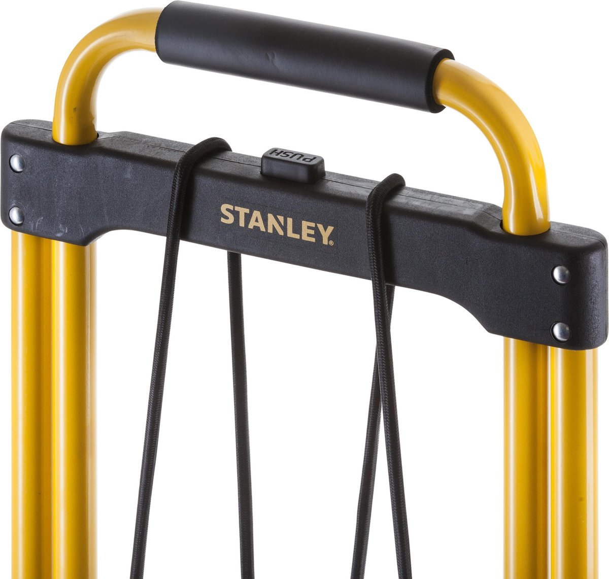 Close up of a yellow and black Stanley hand truck. Black bands are attached to the handle.