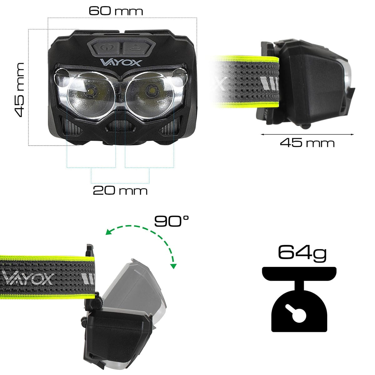 Wymiary latarki czołowej. Jest czarna z zielonym paskiem. Waga to 64g.