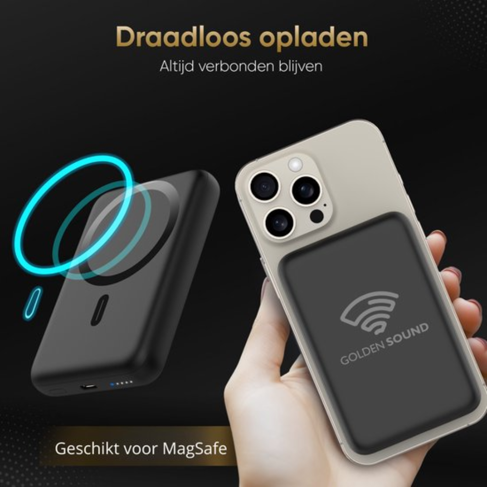 Chargeur sans fil et téléphone avec étui magnétique, présenté avec texte promotionnel.