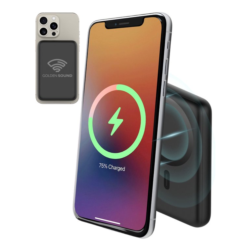 Smartphone en charge sans fil. Le téléphone est sur un chargeur noir, affichant un logo vert à 75 %.