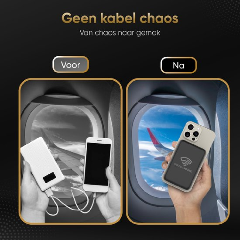 Deux mains tenant un téléphone et une batterie externe. Comparaison avant et après.